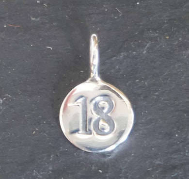silver number 18 charm,  round - Eternalflow charms and Jewellery supplies